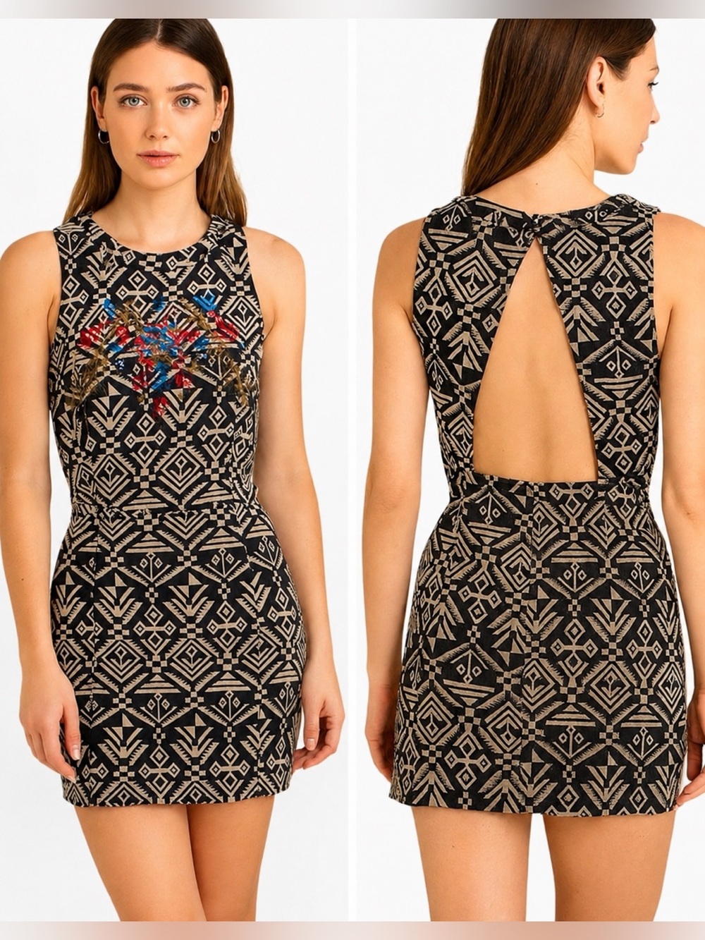 ASTR | Southwestern Tapestry & Embroidered Aztec Jacquard Sheath Dress